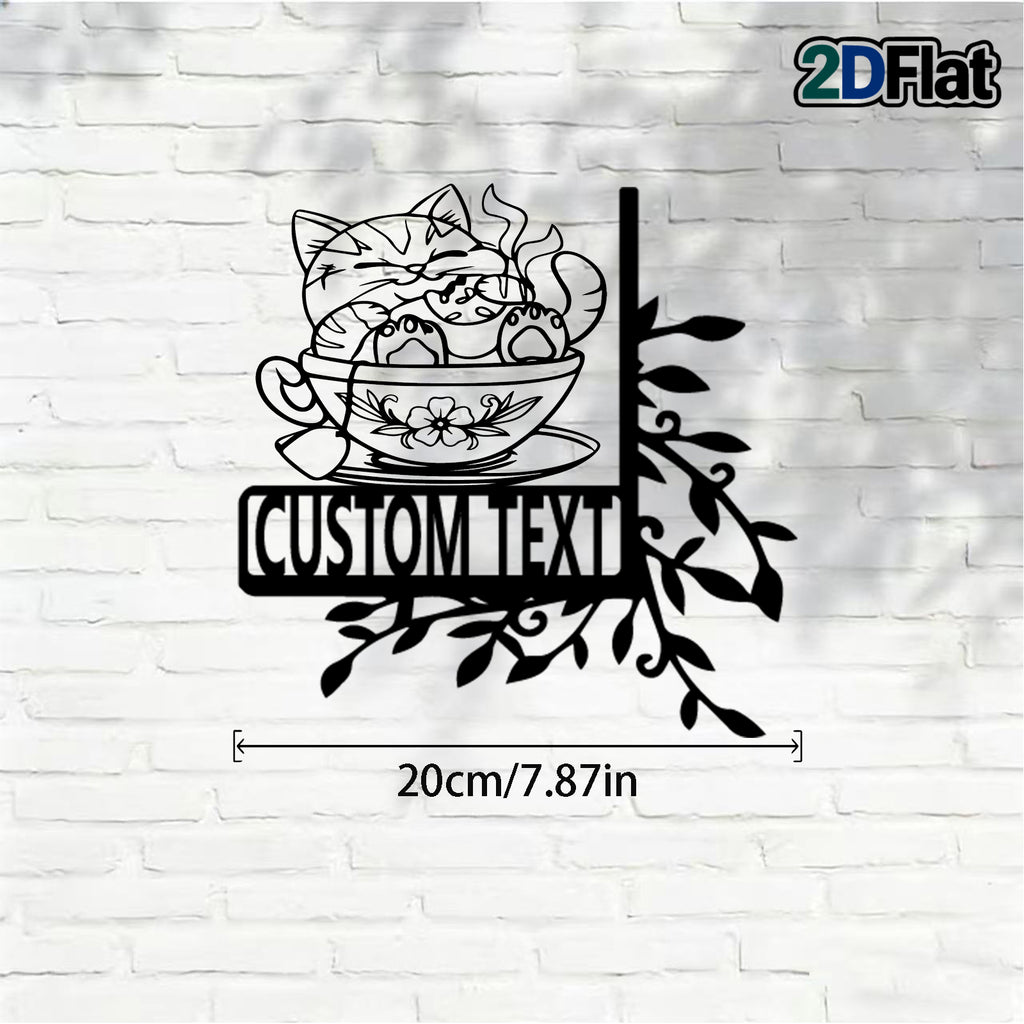 Custom Cat-in-Cup Metal House Number Sign