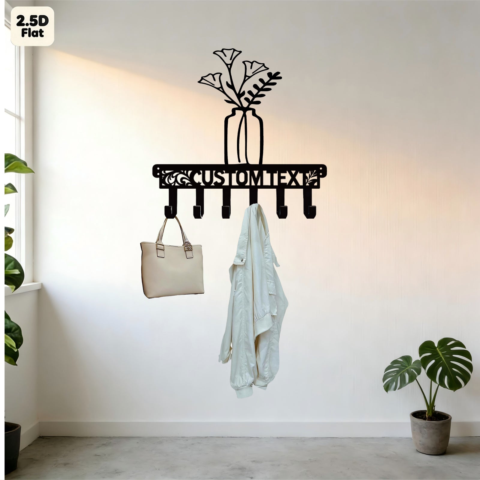 Custom Flower Vase Metal Wall Sculpture with Hooks