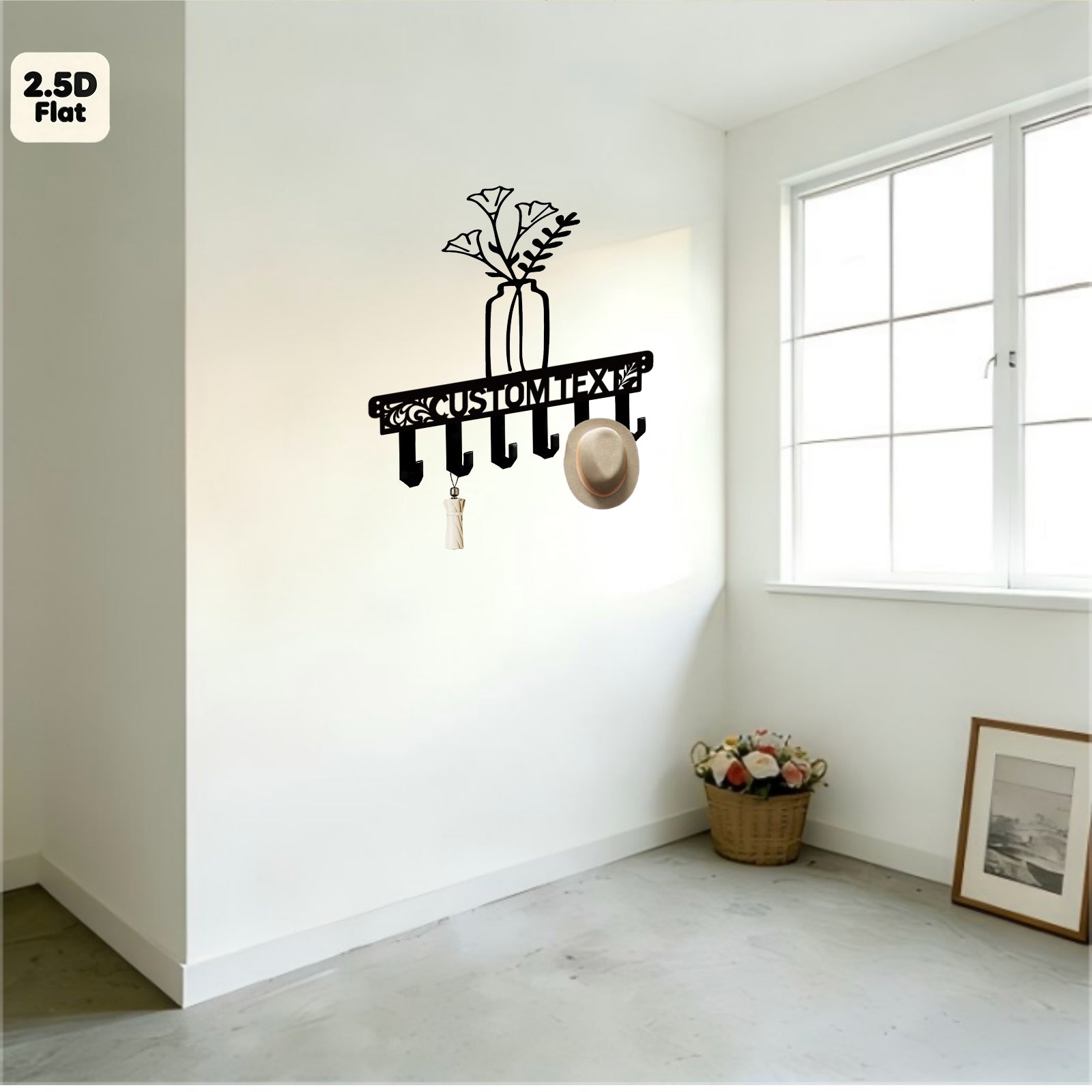 Custom Flower Vase Metal Wall Sculpture with Hooks